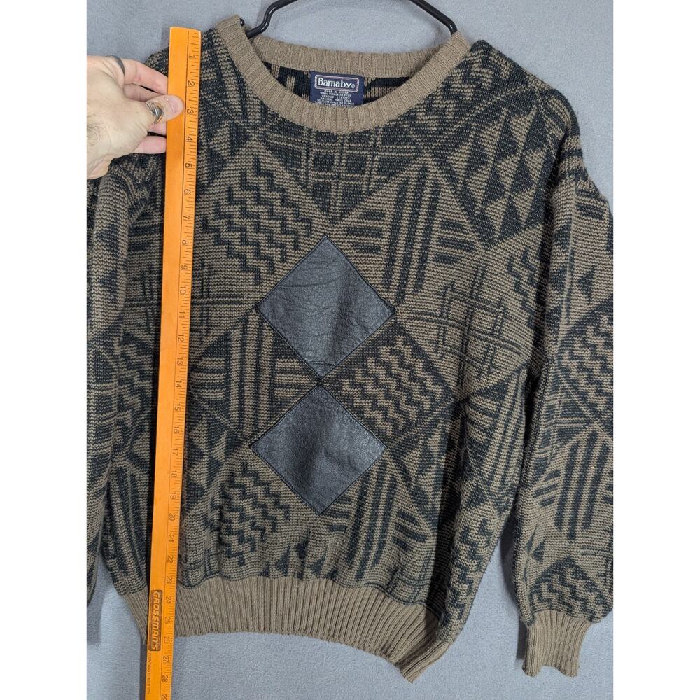 Vintage Barnaby Geometric Crewneck Sweater w/ Genuine Leather Diamonds 80s 90s - Picture 4 of 6